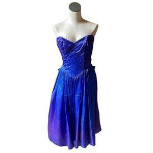 1980s Gunne Sax Jessica McClintock Blue Prom Dress Bow Ruffles Glitter Detail XS